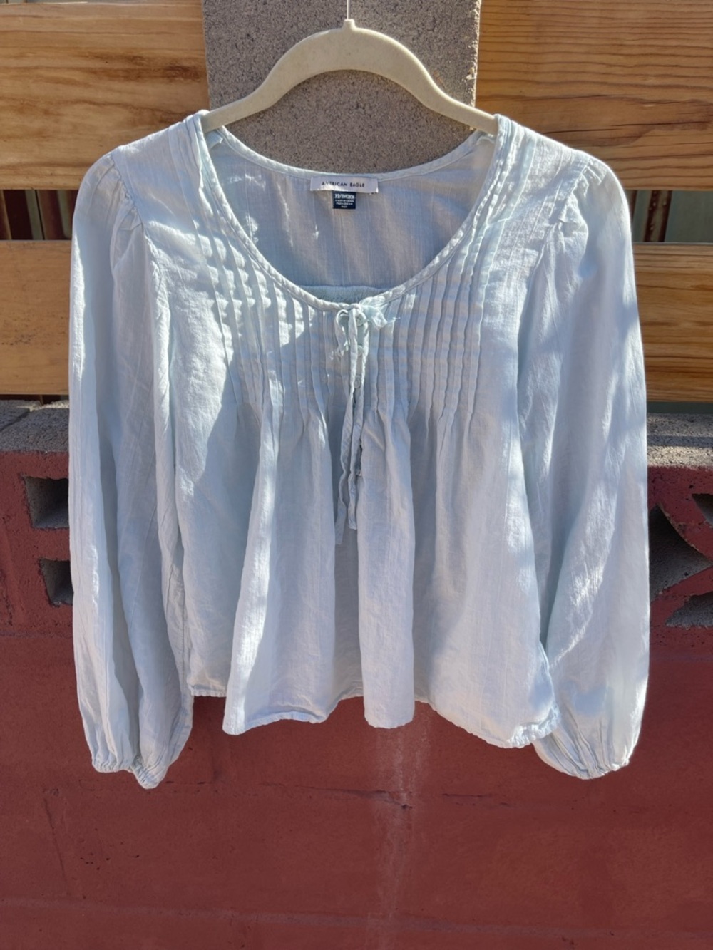 American Eagle Outfitters Pale Blue Pintuck Tie-Front Peasant Top